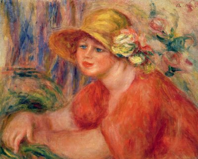 Retrato de una mujer con un sombrero decorado con flores de Pierre Auguste Renoir